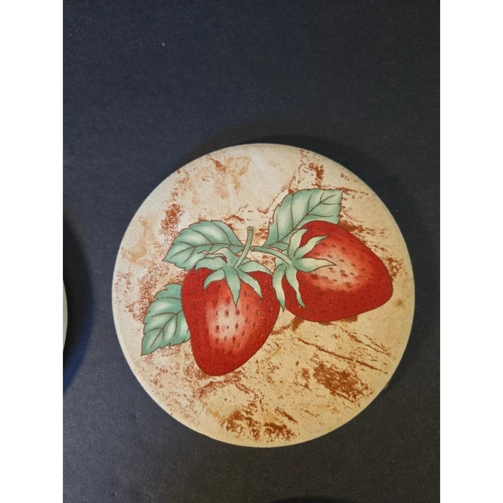 Vintage Circular Ceramic Tile and Cork Coaster Set Fruit Illustrations 4pc